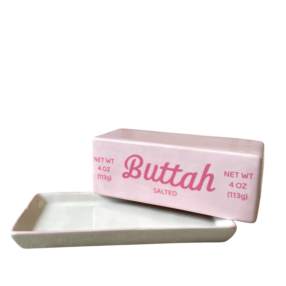 Luna & Sage Hand Painted Pink "BUTTAH" Butter Dish with Cover New